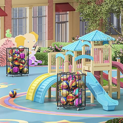 Miniatura 7 de Carrito organizador de deportes de pelota, cubo de metal para garaje con cuerda elástica más gruesa, soporte para pelotas con ruedas para voleibol,