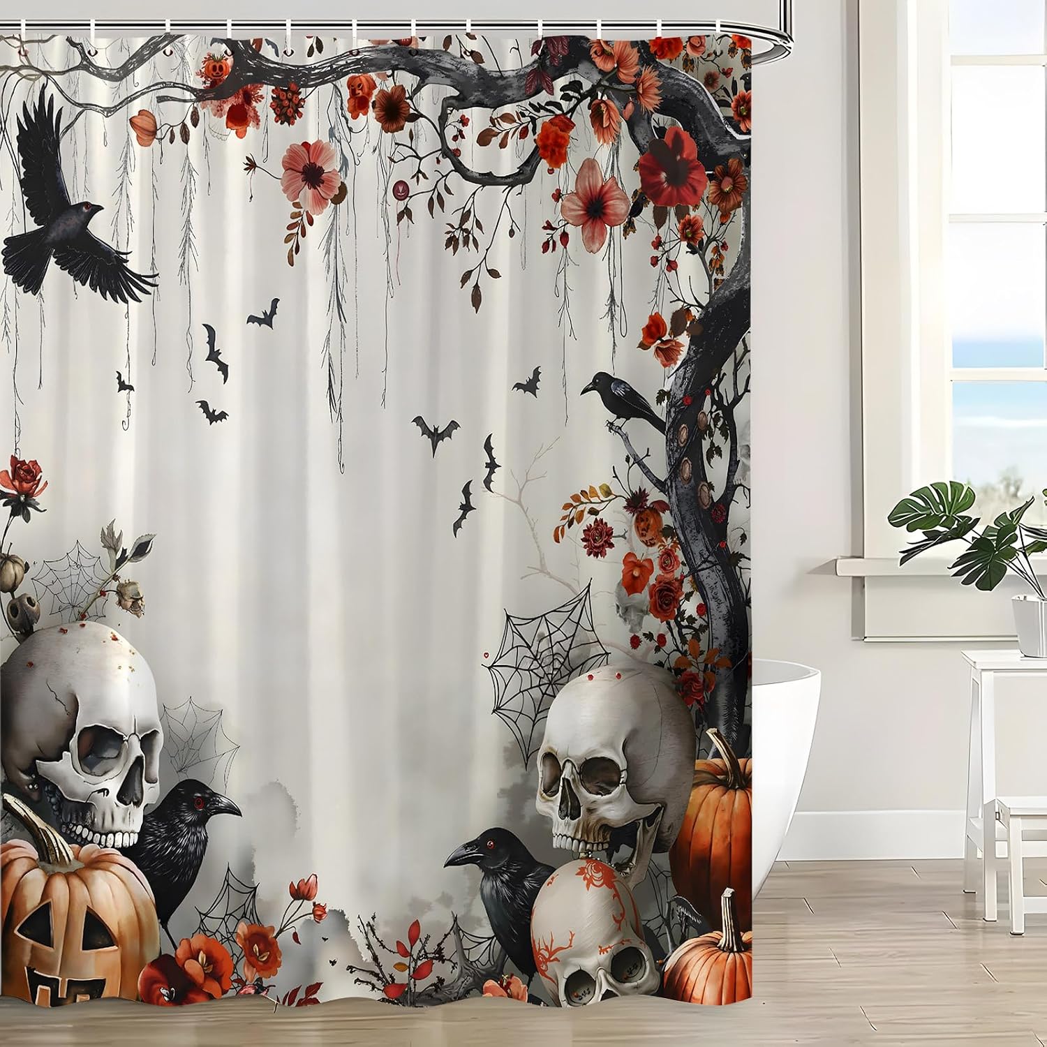Halloween Shower Curtain Vintage Skull Scary Pumpkin Horror Crow Creepy Skeleton Gothic Fall Floral Tree Raven Spooky Bat Retro Witchy Bath Curtain with Hook