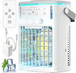 Ventilador de ar condicionado portátil, ar-condicionado evaporativo pequeno com controle remoto, mini AC portátil para quarto, acampamento, carro, escritório, mini cooler pessoal 3 em 1 com luz