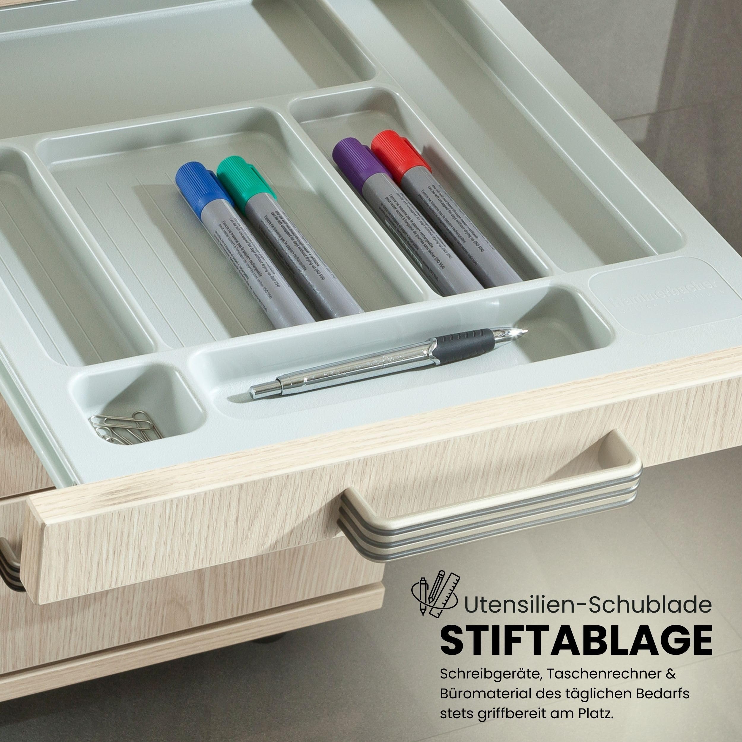 bümö Schreibtisch Schrank abschließbar, Schubladenschrank Holz in Asteiche, Container mit Schubladen - Schubladen Schrank Büro, Schreibtisch Container od. Schreibtisch Kommode mit Relinggriffe
