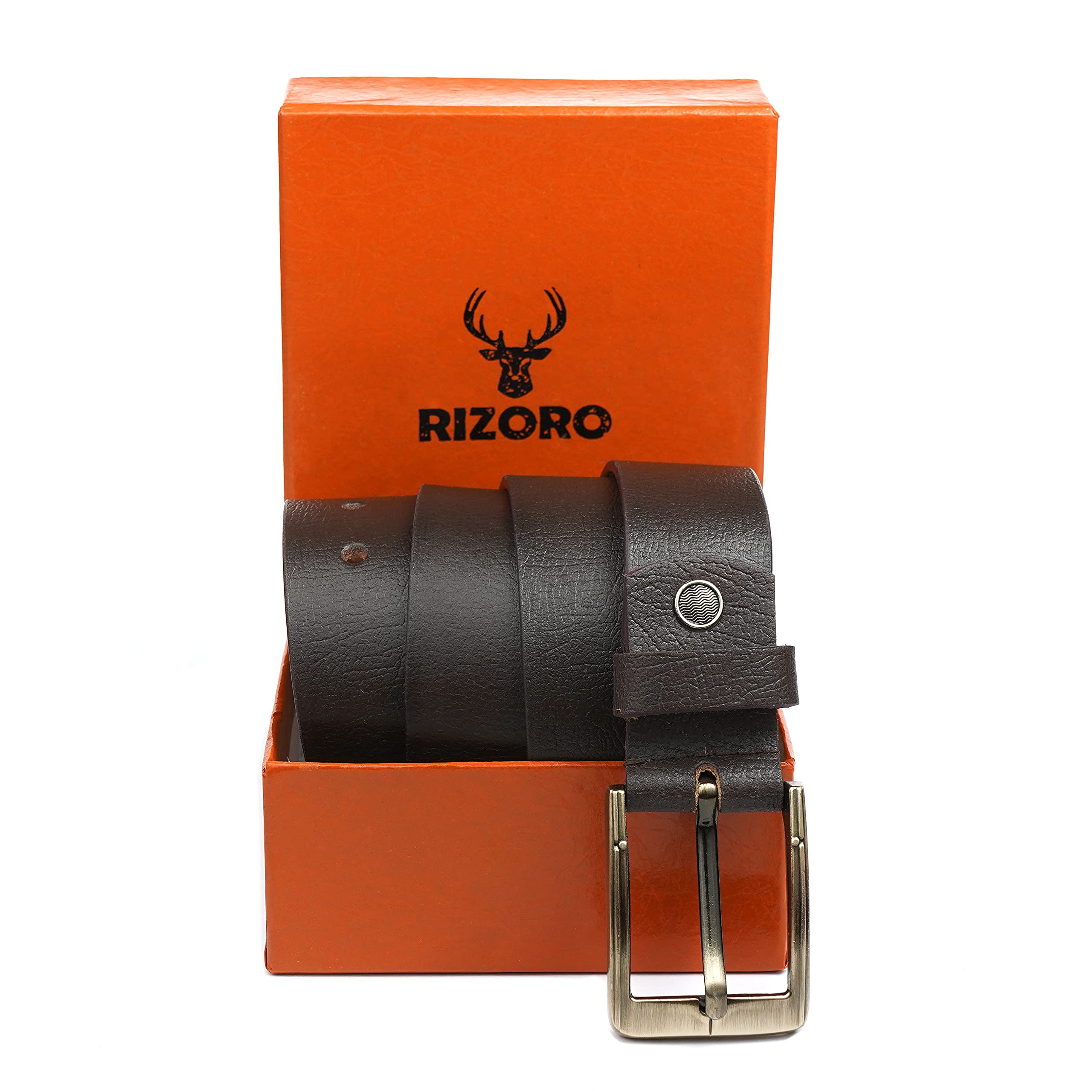 RIZORO Genuine Imported Spanish Formal Leather Belt For Men With Pin Zinc Buckle (Belt Length 46 Inches) (Waist- Adjustable Upto 40 Inches) (Brown) 2