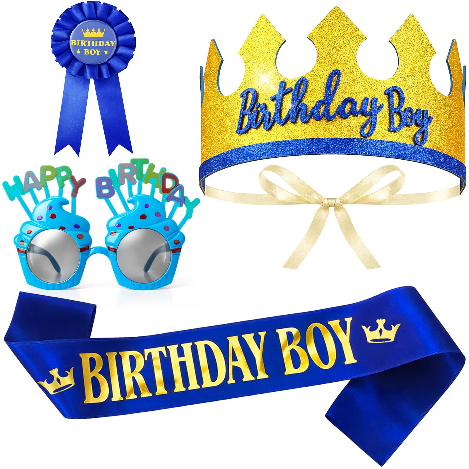 GSrenyu 4 Pcs Happy Birthday Set, Boy Sash Tiara Badge Glasses Blue Birthday Boy Headband Set Party Dress Up Supplies for Boys Teens Men