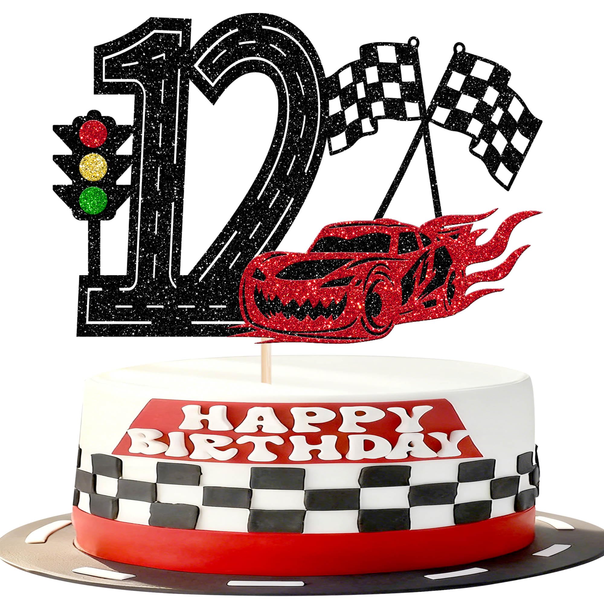 1 Stück Renn Auto 12th Tortendeko Rennwagen Cake Topper Karierter Flagge Kuchen Deko für Racing Sports Thema Kinder Geburtstag Party Kuchen Dekorationen