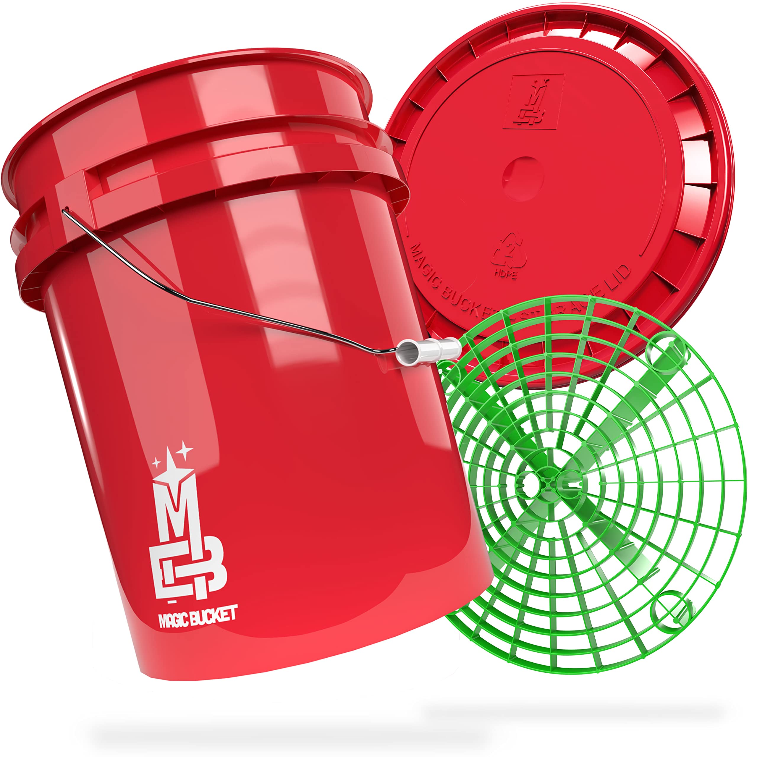MAGIC BUCKET | Paquete de lavado a mano para coche, cubo de lavado con tapa a juego, 5 galones de EE. UU. aprox. 20 litros, con bandeja de grit, colador de suciedad, juego de lavado, rojo/verde