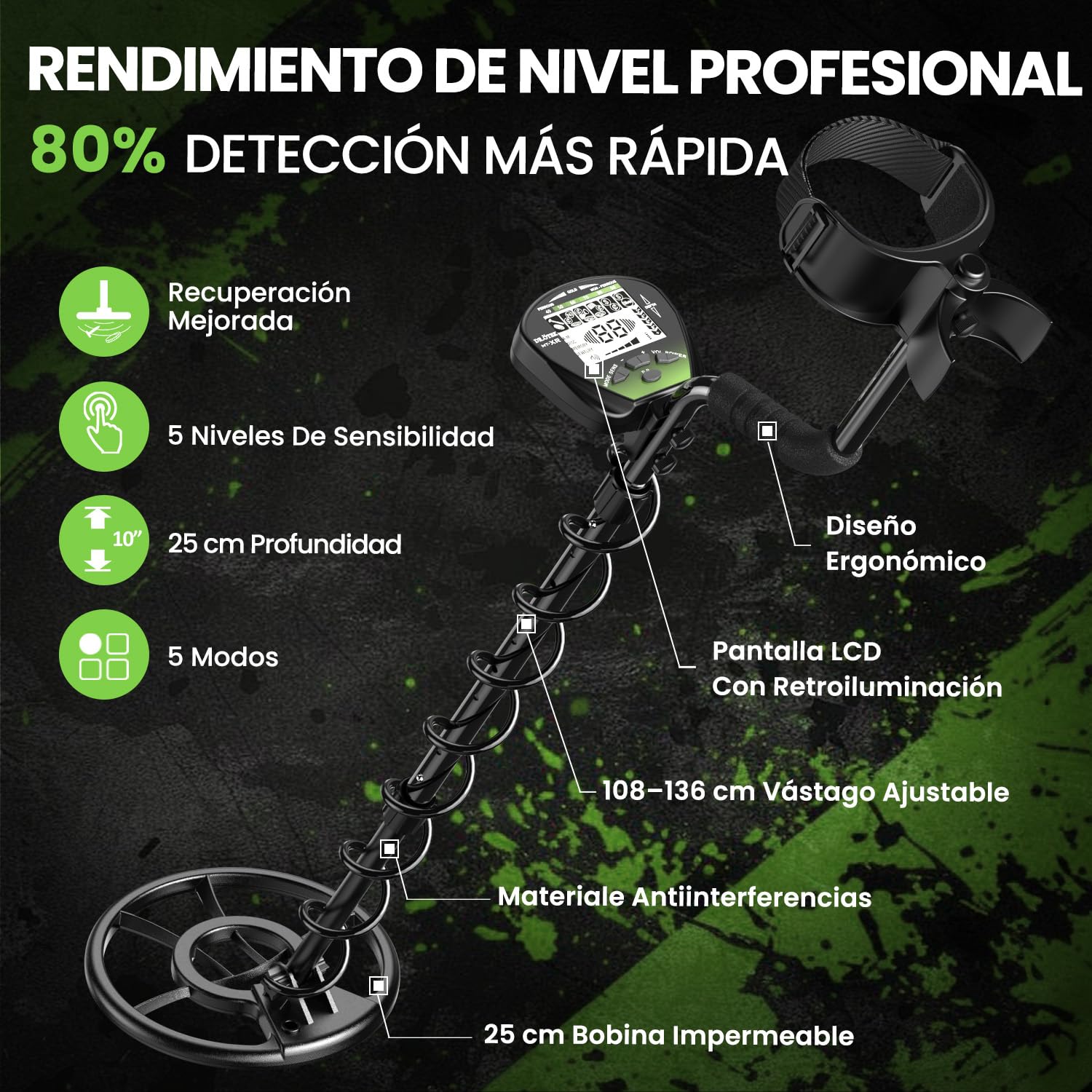 DR.ÖTEK Detector de Metales para Adultos Profesional, Portatil Detector, Modo de Pinpoint y de Memoria Exclusivo, Mayor Precisión, Bobina Impermeable IP68, Pantalla LCD, Chip DSP Avanzado, Verde