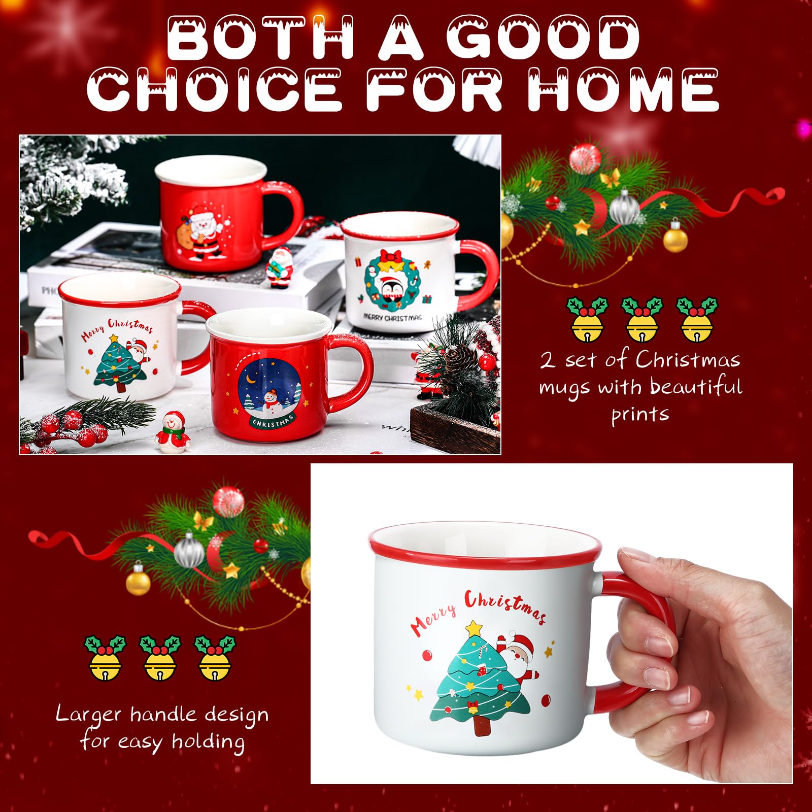 Hushee Juego de 8 tazas de Navidad de 12 onzas, tazas de café de cerámica, tazas de café de Navidad, tazas de té de leche, taza de café, regalo de Navidad para mujeres, hombres, amigos, familia