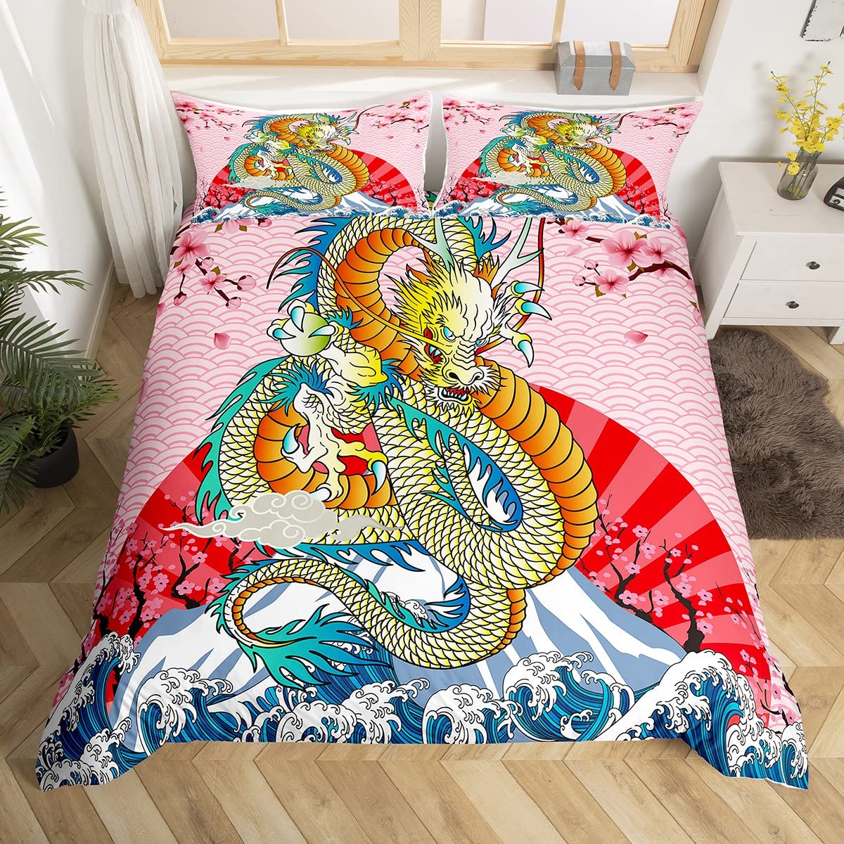 Housse de couette dragon Hokusai rose pour transformer le lit des filles en cocon zen