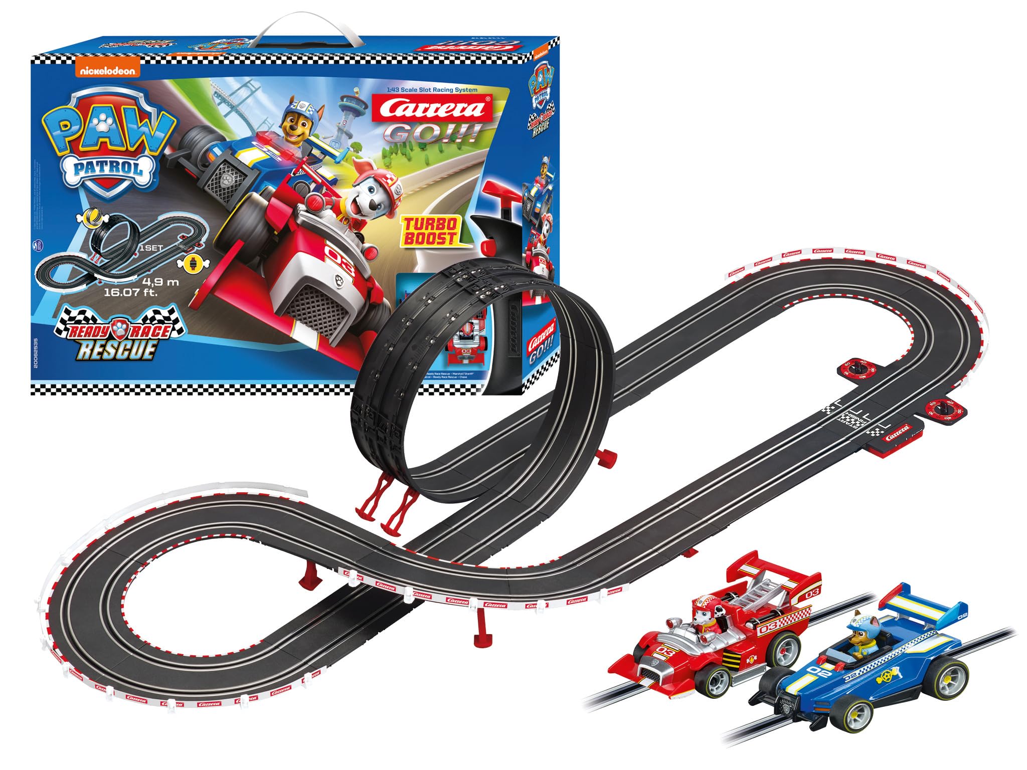 Carrera GO!!! PAW Patrol Ready Race Rescue Set | 2 Slot Cars Including 2 Hand Regulators with Turbo Button | Includes Chase and Marshall | 4.9 m Track Length with Looping and Lap Counter | Scale 1:43