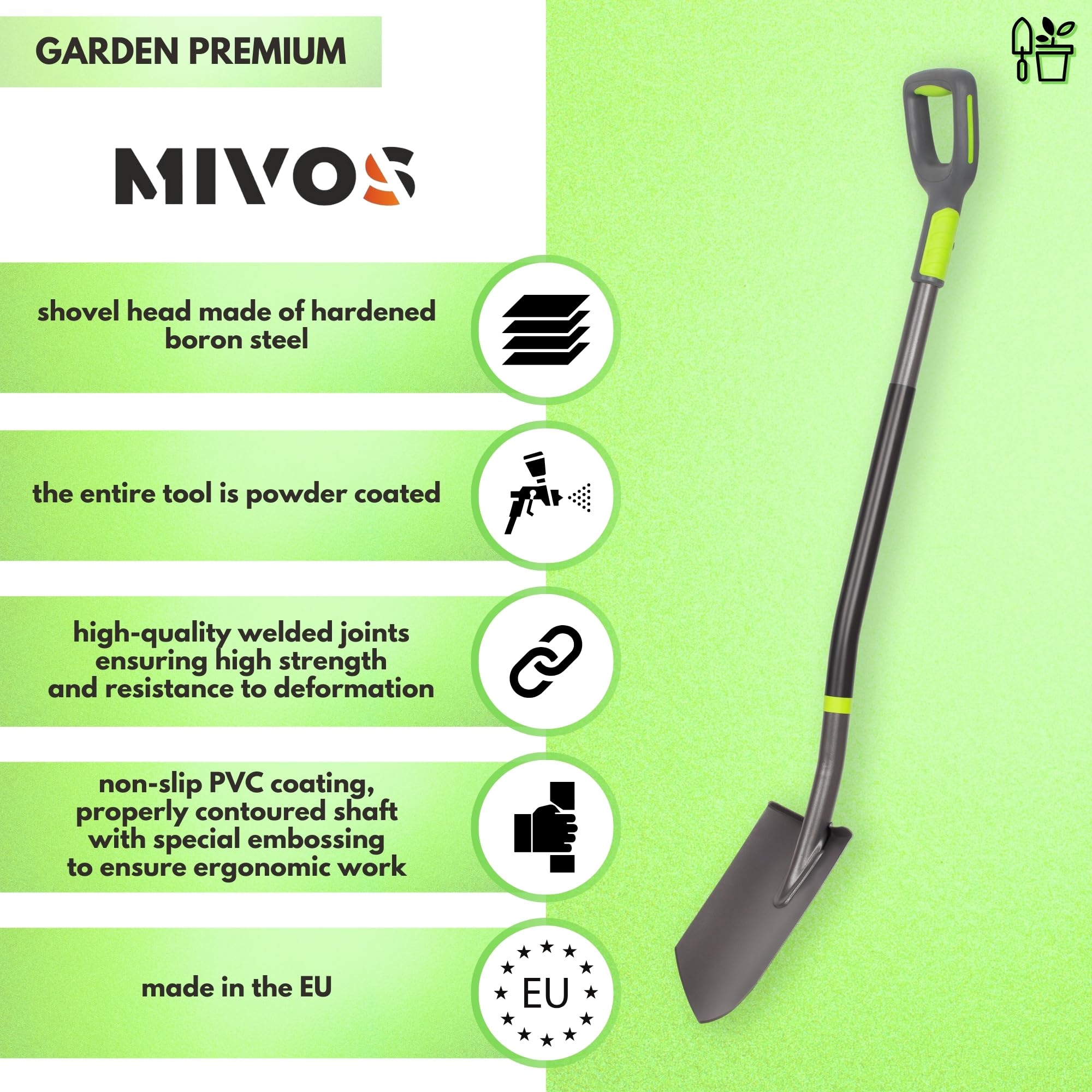 Mivos Vanga a Punta Professionale per Giardino – Pala con Lama Appuntita in Acciaio al Boro Temprato - 121 cm - Vanga da Scavo per Lavori di Giardinaggio e Costruzione – Made in EU