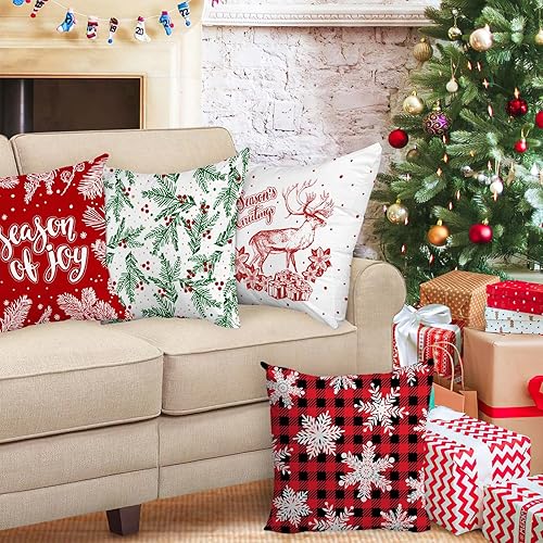 Miniatura 4 de YIYEA Juego de 4 fundas de almohada de Navidad de 20 x 20 pulgadas, fundas de almohada de Navidad para decoraciones de Navidad, funda de cojín a