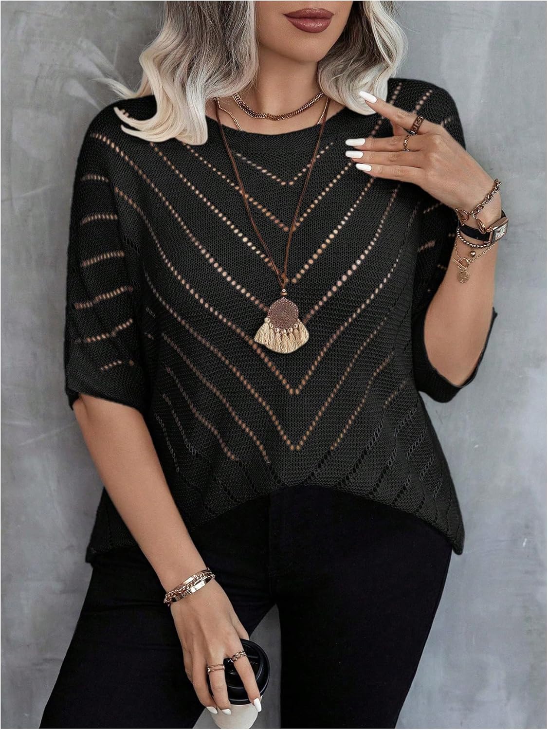 Women's Plus Size Crochet Sweater Hollow Out Lightweight Sweater Crew Neck Half Sleeve Summer Spring Autumn Knit Top - Image 3