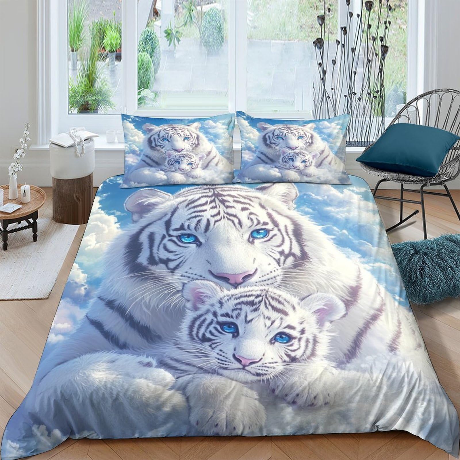 3D Printed White tiger duo Bedding Cover Microfiber Fantasy art style Comforter Cover Hypoallergenic Fade Resistant for Teen Bedroom Young Adults Daily Bedding Use Double（200x200cm）