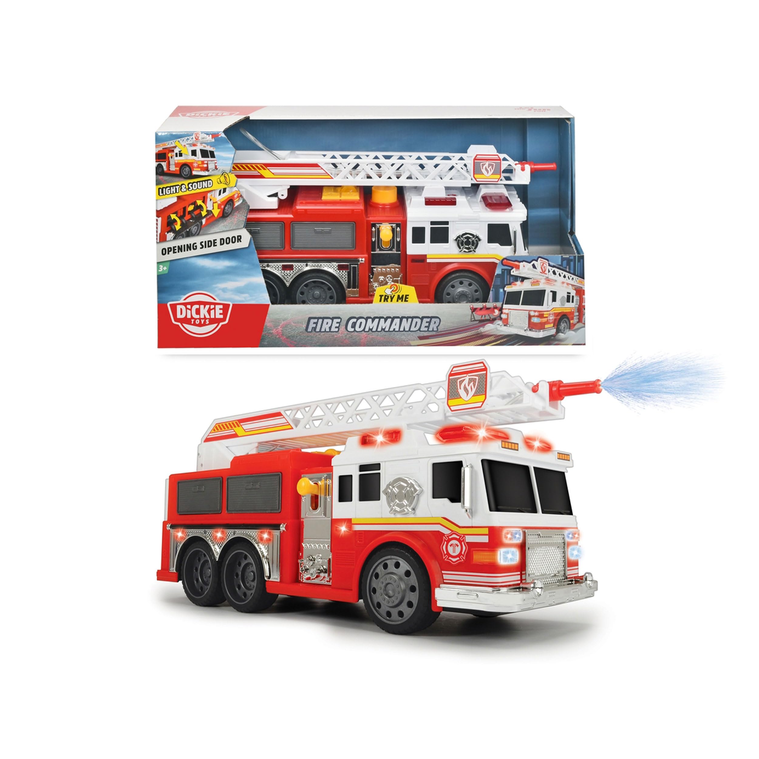 Dickie Toys Fire Commander, camion dei vigili del fuoco, camion dei vigili del fuoco, con funzione di spruzzo d'acqua, scala, luce e suono, batterie incluse, 36 cm, dai 3 anni in su