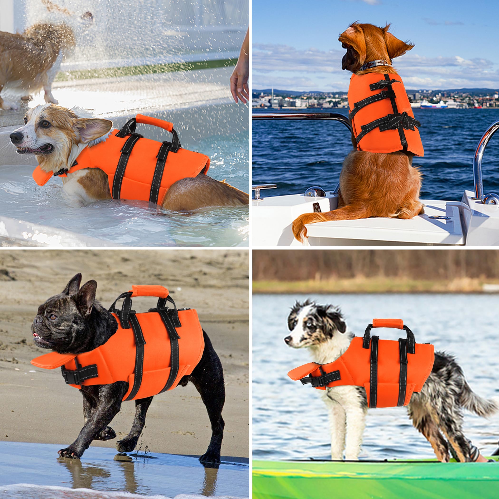 Gilet de sauvetage pour chien avec laisse de 1,2 m, gilet de sauvetage réfléchissant pour animal domestique avec fermeture éclair et poignée pour la natation, le bateau, flottabilité élevée réglable
