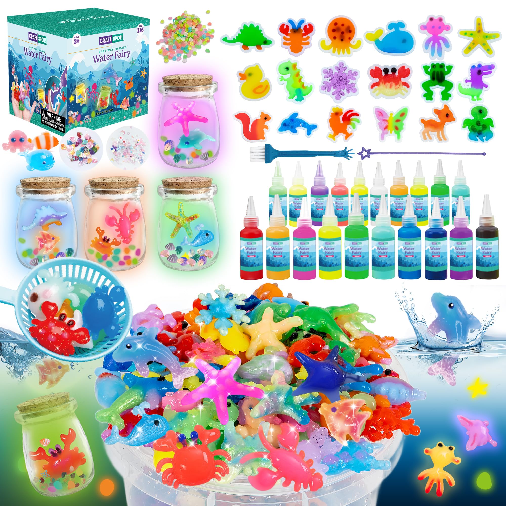 Magic Glow-in-The-Dark Gel Water Fairy Toy Kit - Aqua DIY Fairy Set with 18 Sea Creature Molds, 100ml Gel, 20 Color Gels, Christmas & Birthday Gift,