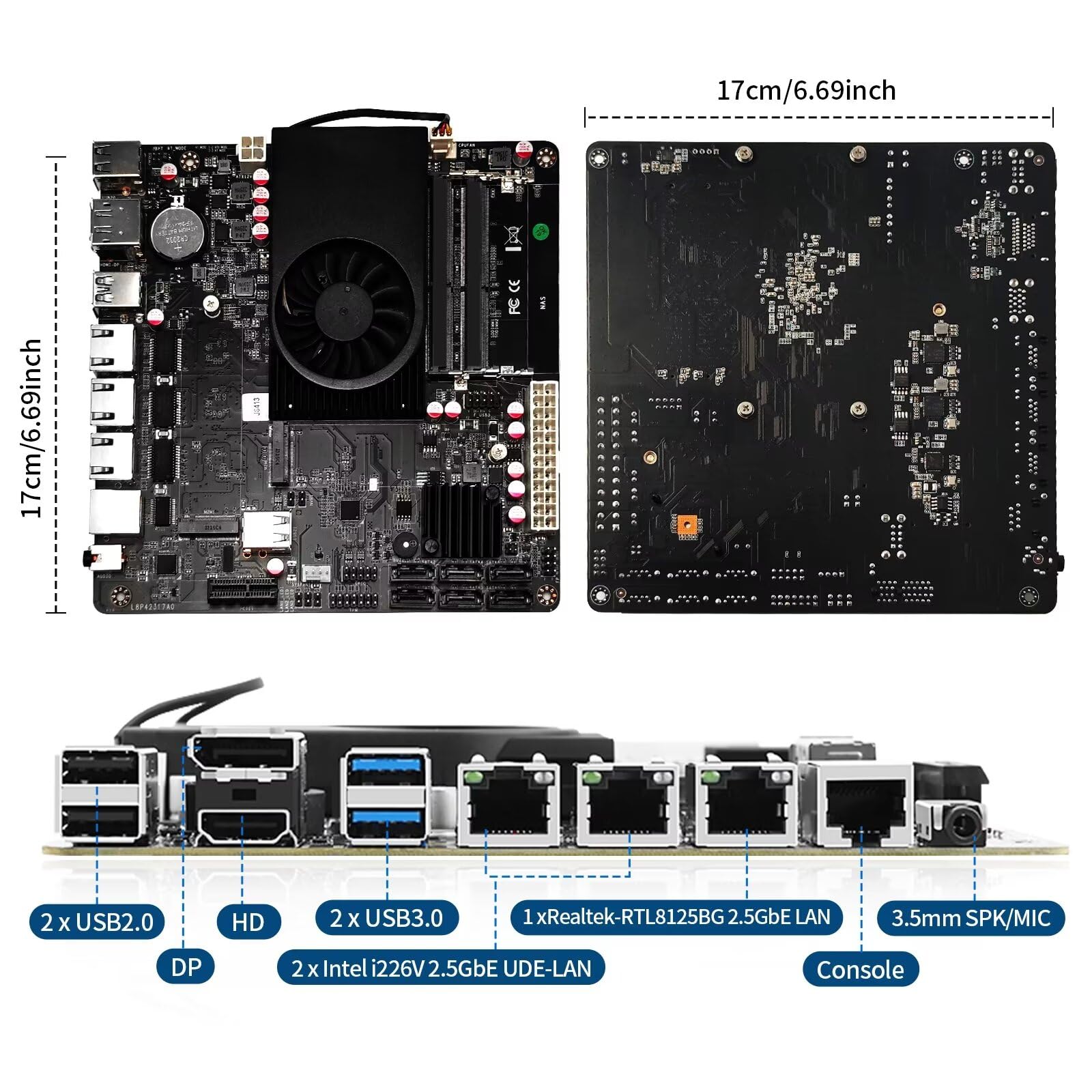 NAS Motherboard, 6 Bay, Celeron J6413 4C 4T TDP10W, Mini Itx, 2× I226V 2.5GbE LAN,1× RTL8125BG 2.5GbE LAN, 6 × sata3.0, PCIe×1, DP + HD(4K@60Hz), Barebone NO RAM NO SSD