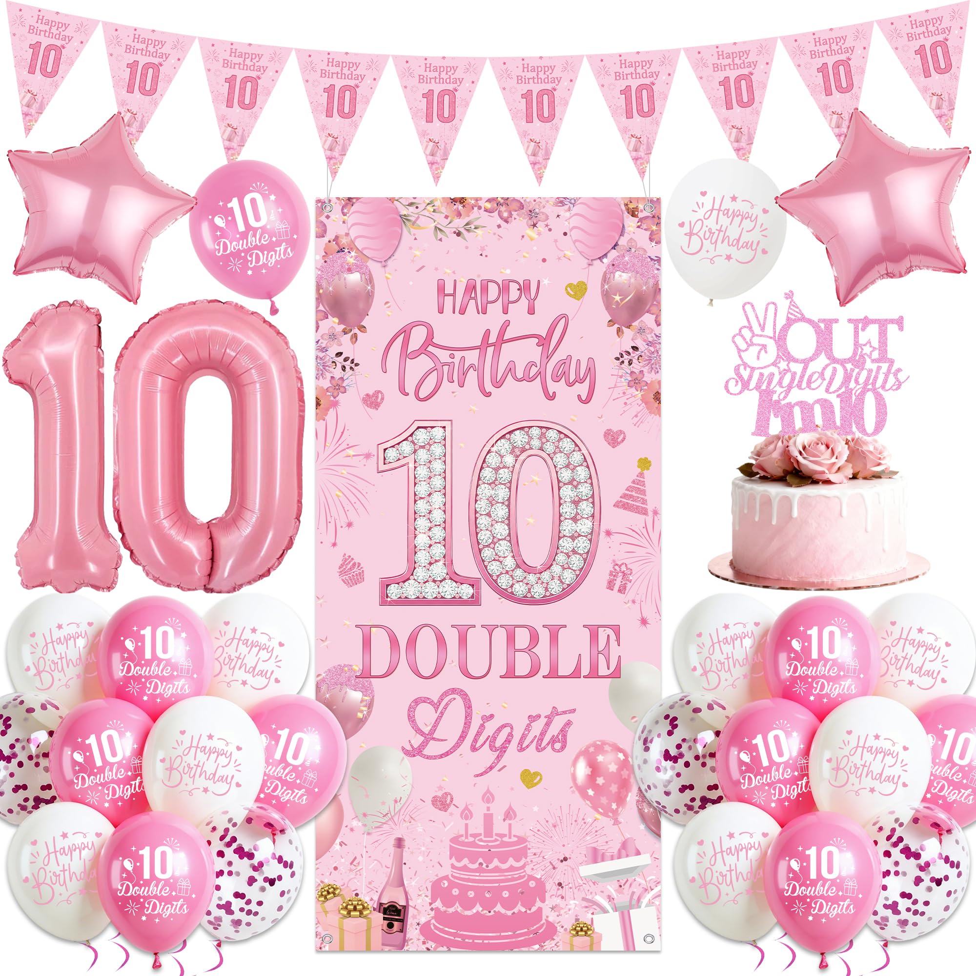 10th Birthday Decorations for Boys Girls - Pink Happy 10th Birthday Banner and Pennant Flags, Star Number 10 Foil Balloons and Cake Topper for 10 Years Old Children Party Supplies