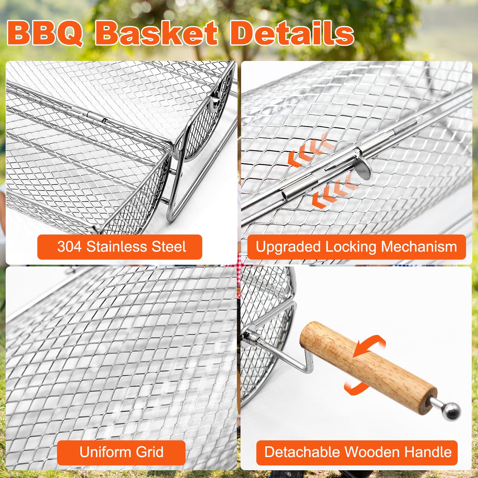 Cestino per Barbecue Girevole, Acciaio Inossidabile 304, Manico in Legno Rimovibile, Cestello per Griglia Impilabile, Accessori BBQ per Verdure,Frutti Mare,Campeggio, Regalo per Papà, Uomini