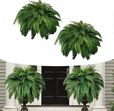 hwqsad Uv-Resistant Outdoor Artificial Boston Fern Plant,Artificial Boston Ferns for Outdoors,Faux Ferns for Outdoors Large 2pcs