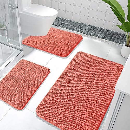 Miniatura 64 de OLANLY Juegos de Alfombras de Baño de 3 Piezas, Tapetes de Baño de Chenille Suave y Absorbente y Alfombra de Contorno en Forma de U para Inodoro