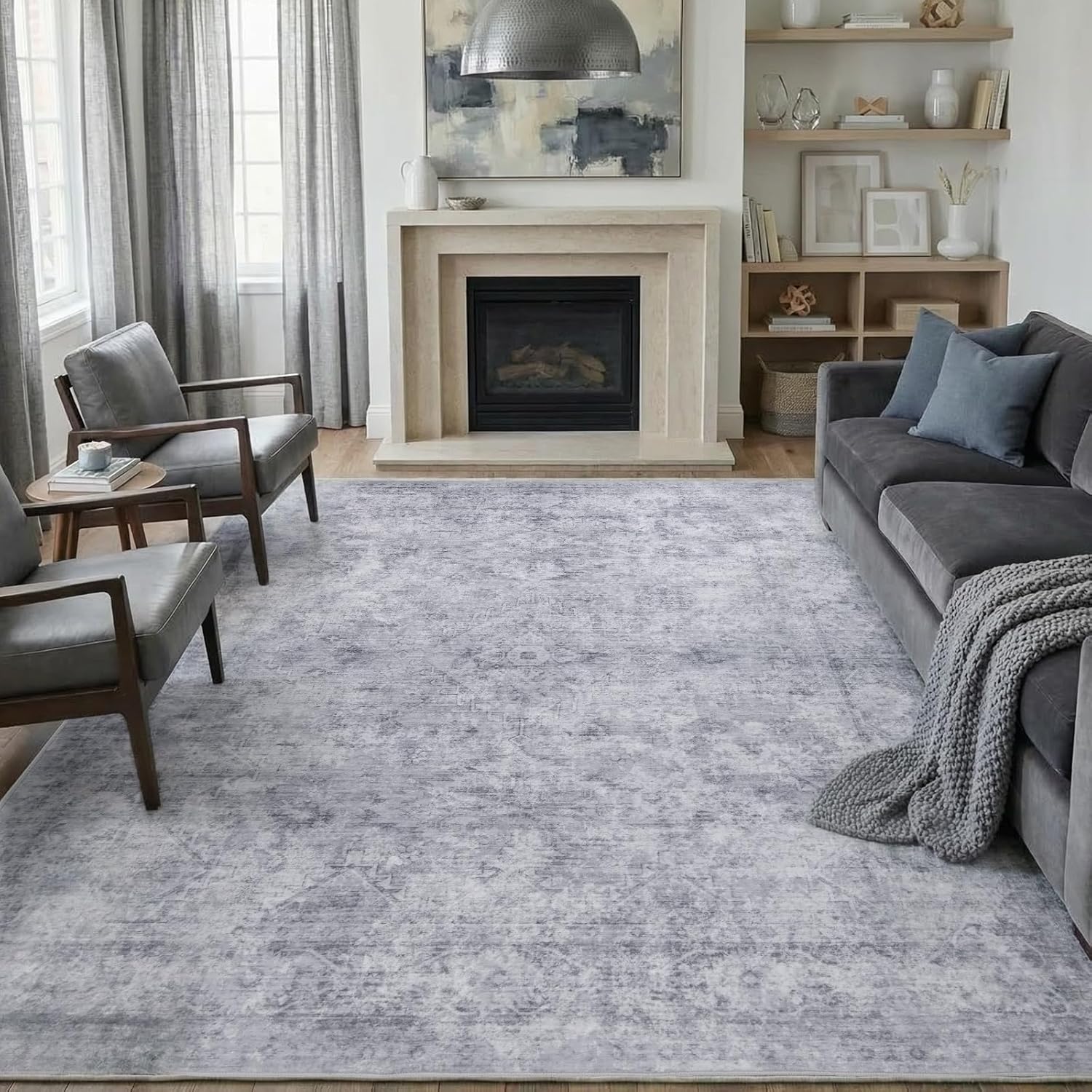 8x10 Area Rugs for Living Room, Machine Washable Rugs, Vintage Non Slip Rug, Faded Style Carpet Stain Resistant, Low Pile Boho Retro Large Rugs for Bedroom Dining Room Indoor Home Office-Gray 8'x10'