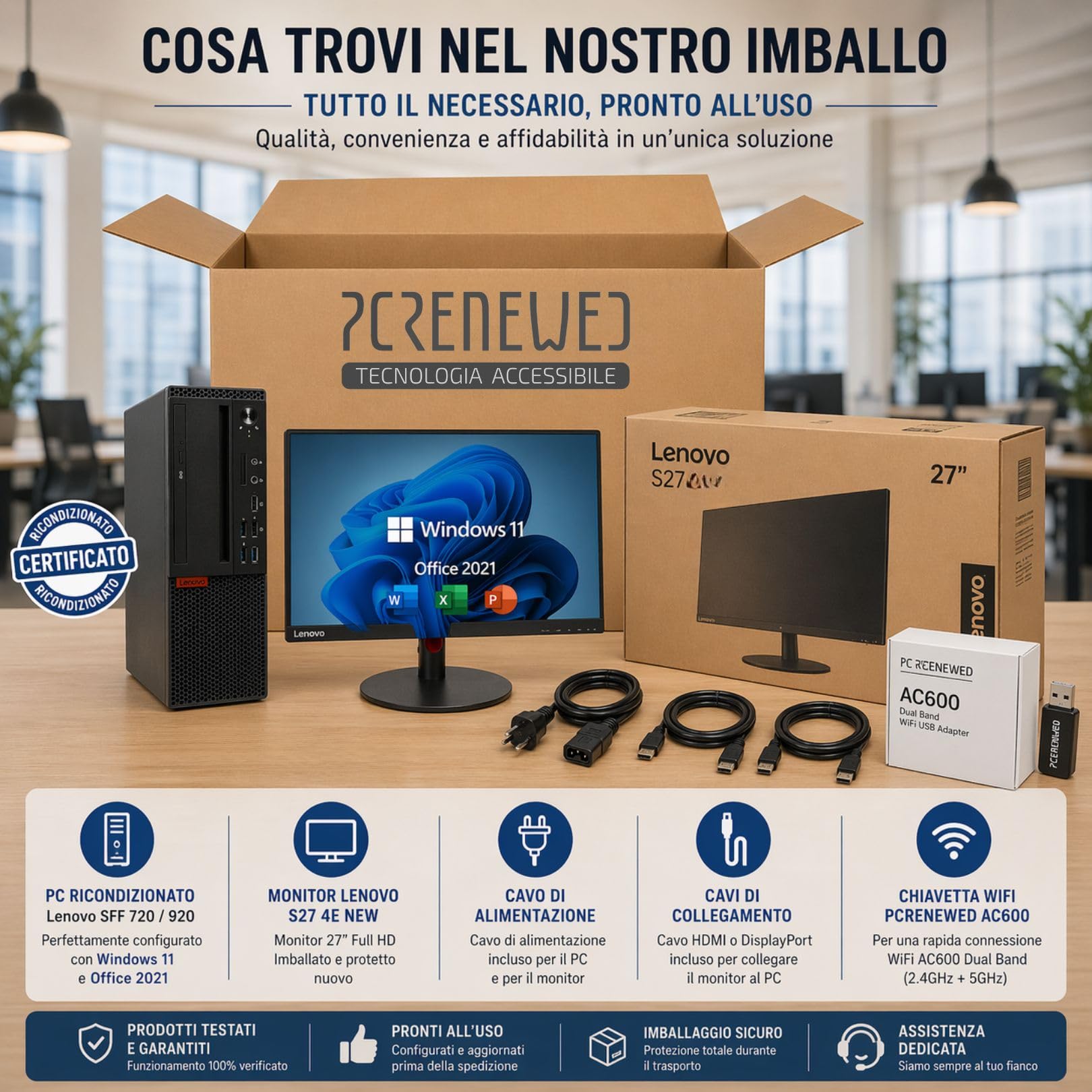 Lenovo PC Fisso Completo SFF i5-9500 16GB RAM 512GB SSD + Monitor 27" Full HD NUOVO | Windows 11 Pro + Office 2021 | WiFi | Desktop Ufficio Casa Pronto all’Uso (Ricondizionato + Nuovo) (PC+Minitor)