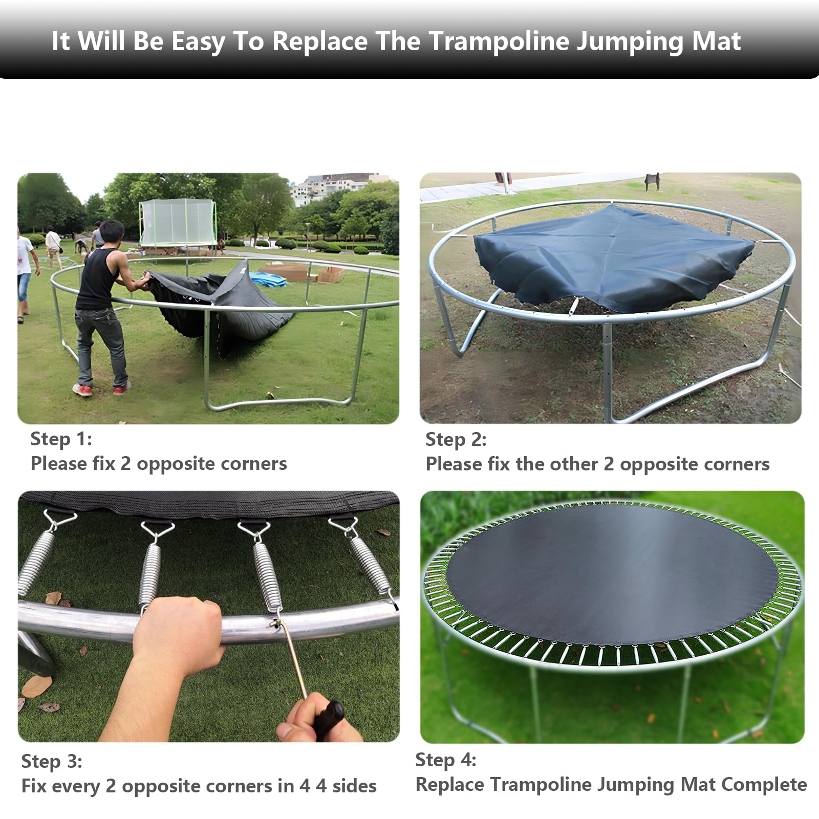 Tapis de Saut Trampoline Ø 366cm 396 427cm, Toile Trampoline Tapis de Saut de Remplacement pour Jardin Trampoline, Cousus 8 Fois Résistants Aux UV 16.5 cm Ressorts, Résistant Aux UV