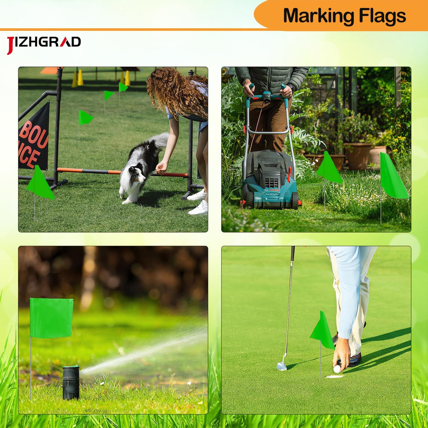 200Pack Green Marking Flags, JIZHGRAD 15x4x5 Inch Marker Flags Use for Yard & Lawn, Boundary & Dog Training, Survey & Landscape, Sprinkler & Surveyor, Garden & Construction, High Visibility, Sturdy, Versatile, UV & Weather Resistant