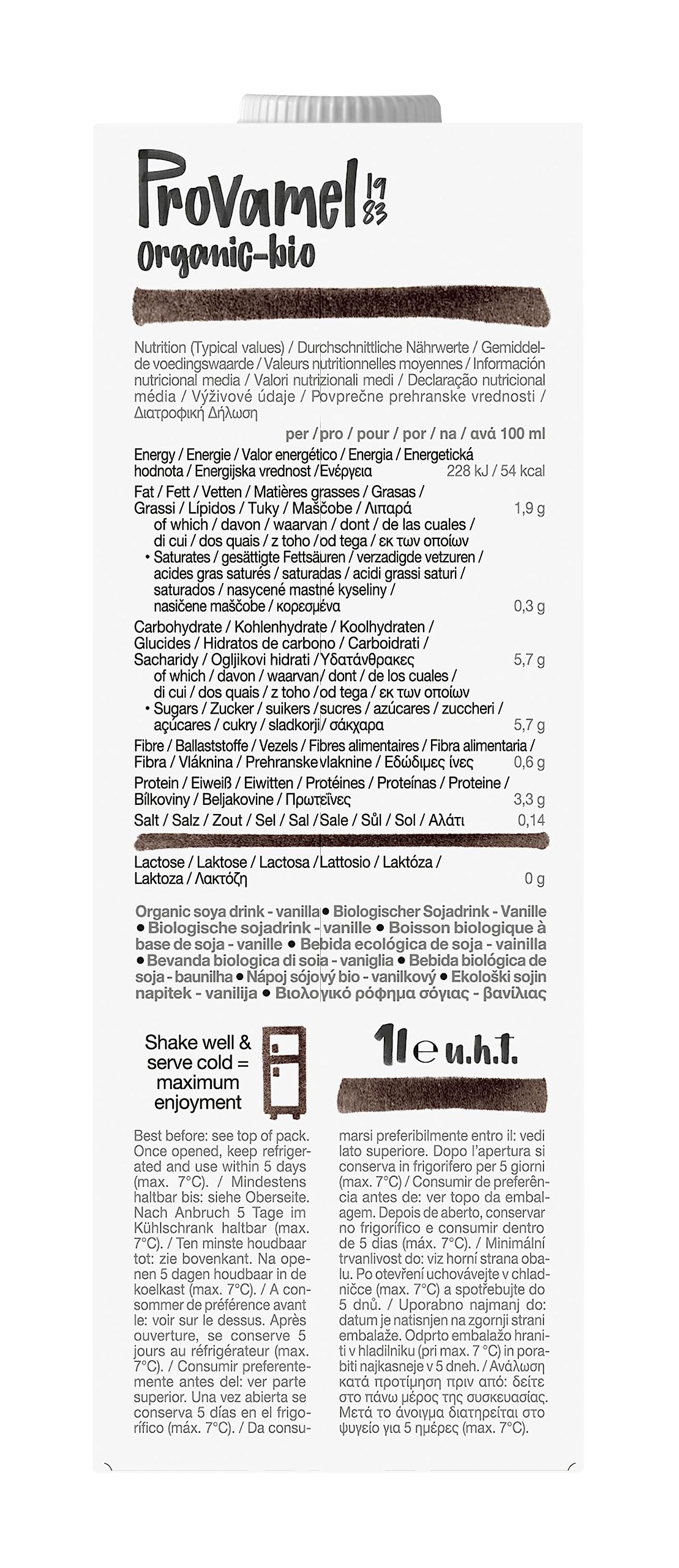 Provamel Organic-Bio Sojadrink Vanille, Pflanzlicher Drink, Vegan, Laktosefrei, Glutenfrei, UHT, 8x1 l (8er Pack)