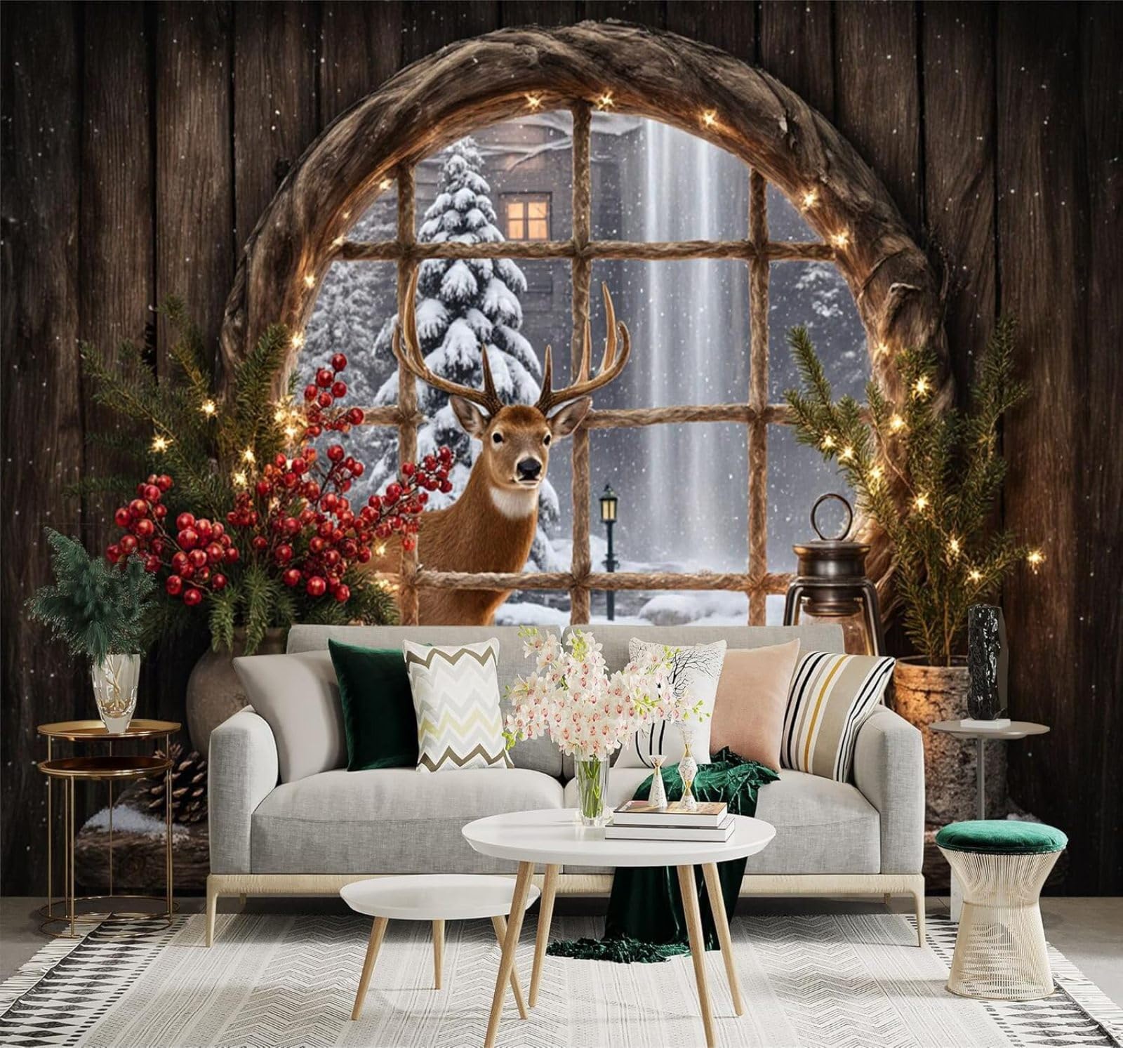 Tzxztt Winter Deer Peering Through A Window Candles Pine Cones Snow Covered Forest Modern 3D Wallpaper Premium Textured Silk Neutral Tones Material Ideal for Living Room Bedroom-350cm×256cm