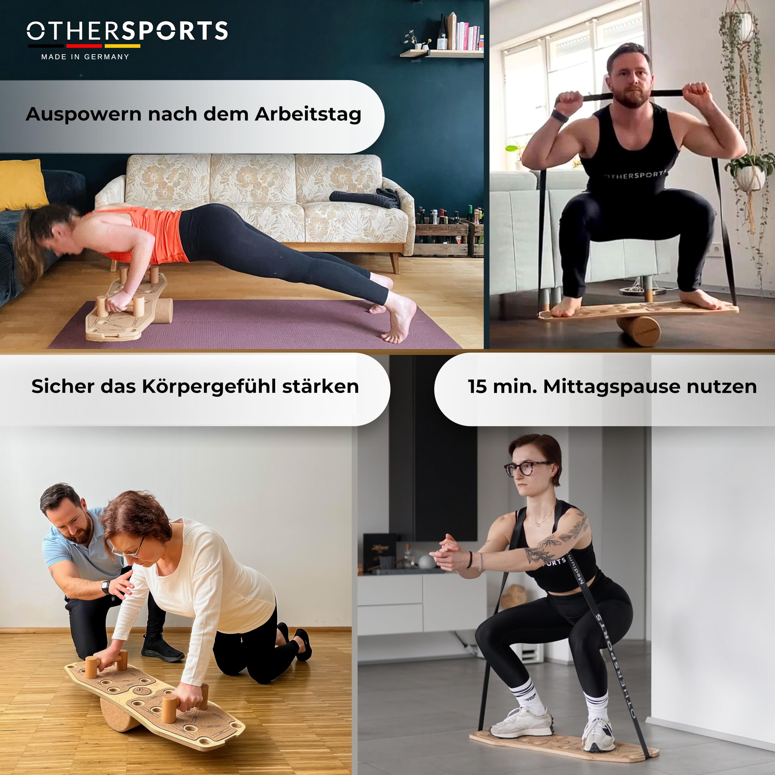 Sportboard Balance Board attrezzo fitness con rullo e fascia fitness – Tavola per flessioni e Balance Board (con zaino, marrone)