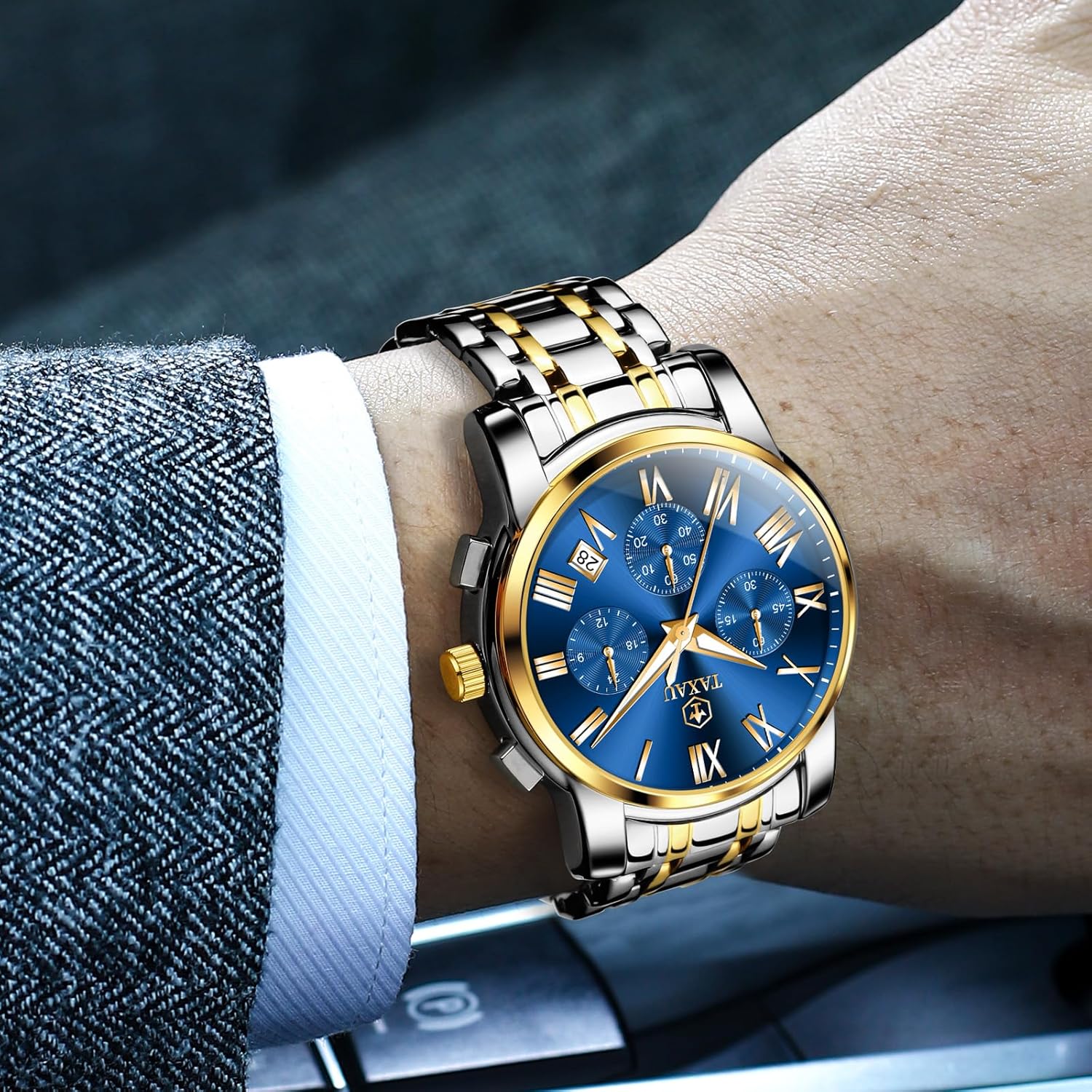 Taxau Mens Silver Watch Luxury Minimalist Dress Watch Classic Waterproof Watches for Men Analog Quartz Stainless Steel Men's Wrist Watches with Date Luminous Relojes para Hombres