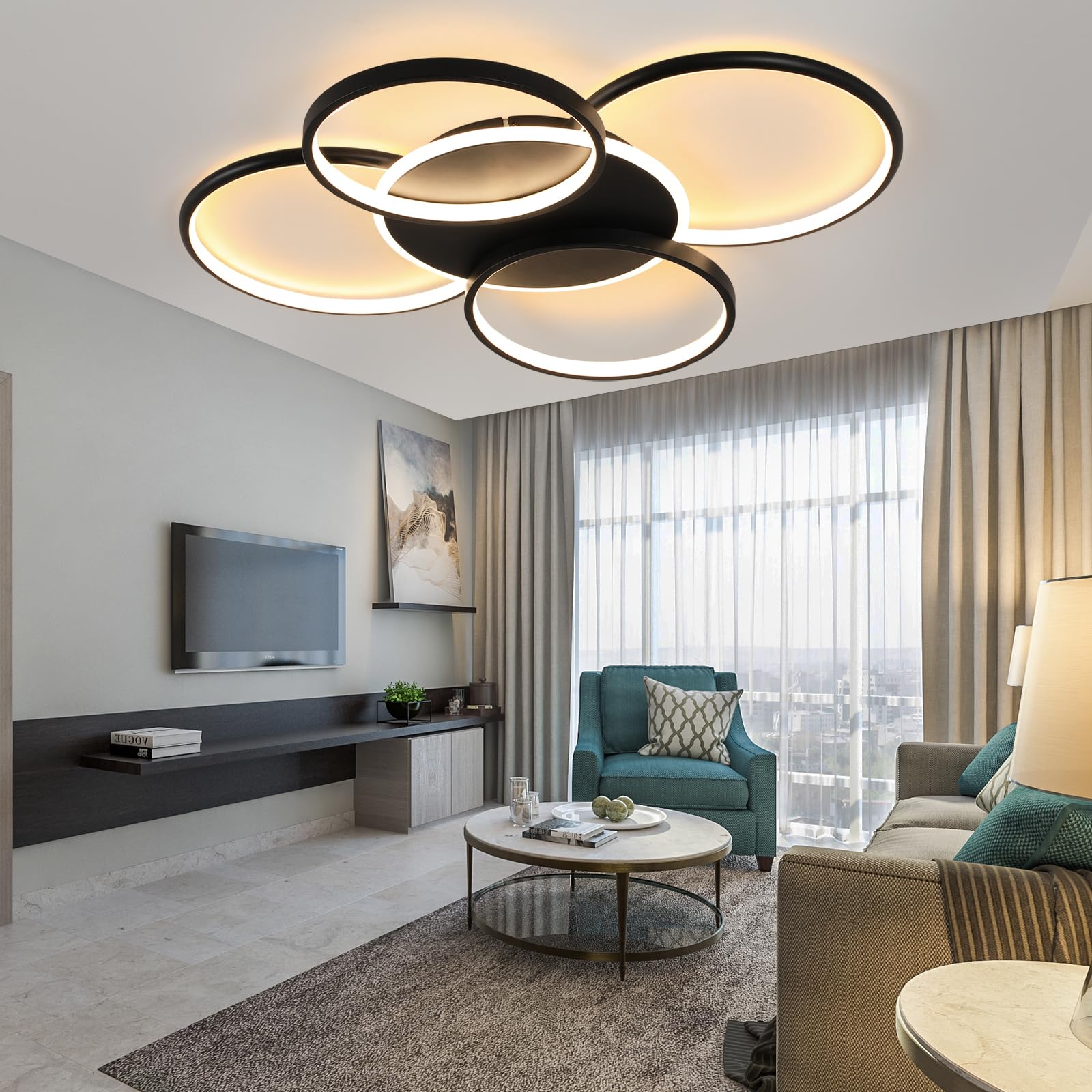 GBLY Deckenlampe LED Deckenleuchte Wohnzimmer: 67CM Wohnzimmerlampe Dimmbar | 70W mit Fernbedienung 5-Ringen Schwarz Schlafzimmerlampe Modern Acryl Deckenbeleuchtung für Büro Schlafzimmer Esszimmer