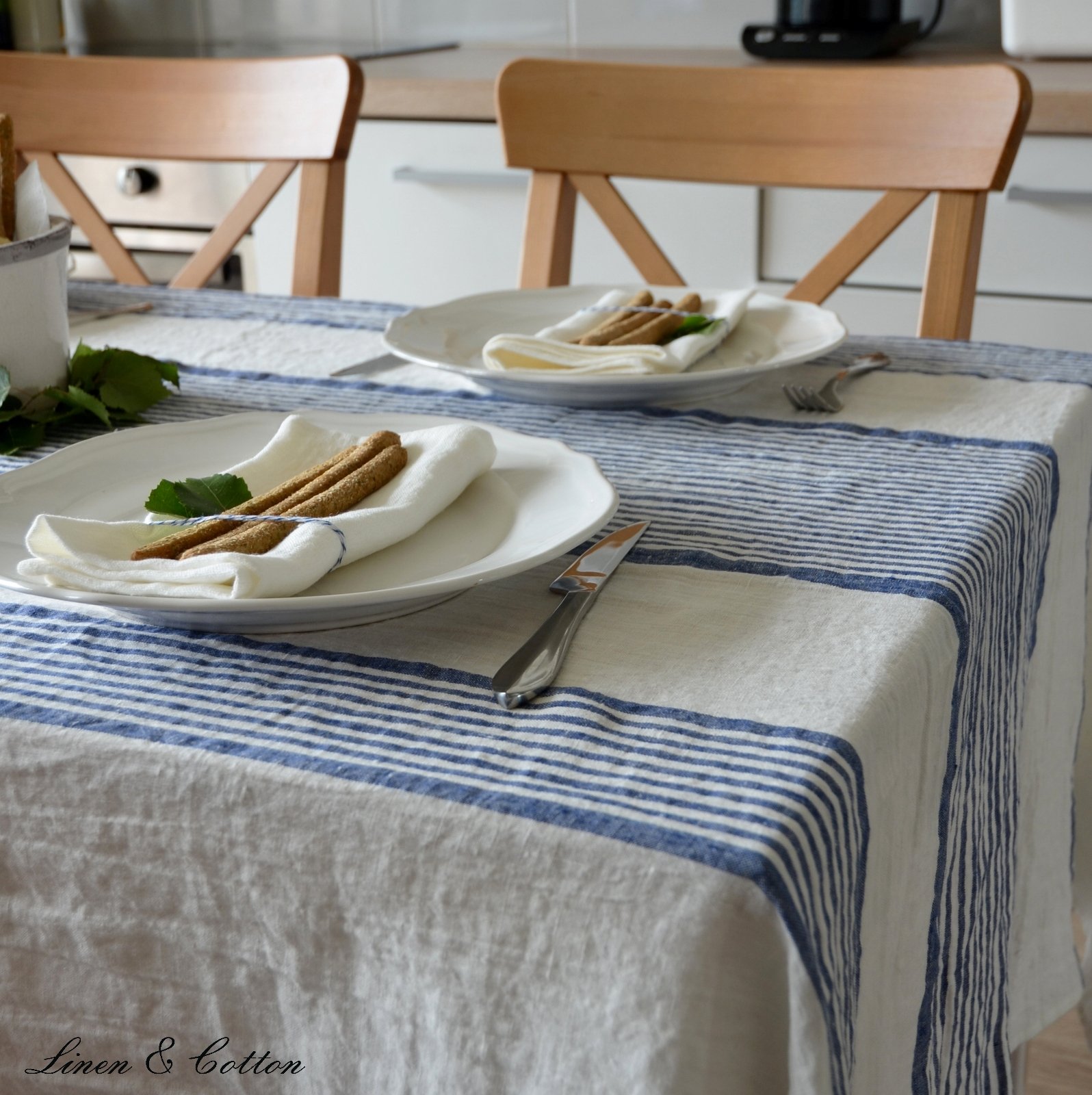 Linen & Cotton Tischdecke Rustikal Landhaus Vintage Olivier 100% Leinen, Weiß Blau (150 x 300 cm) Tischtuch Stoff Tischwäsche Lang Rechteckig Streifen für Haus Home Küche Dekoration Sommer Party