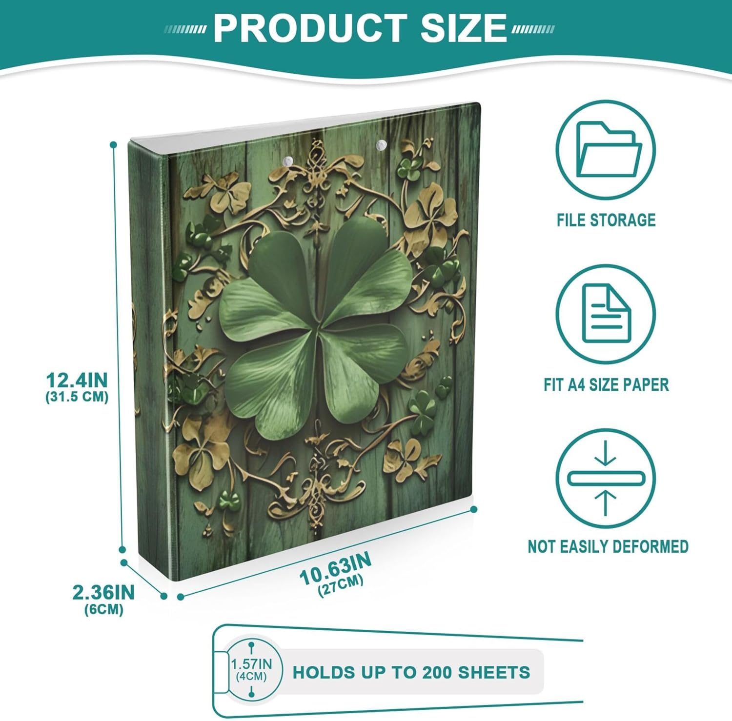 St. Patrick's Day Retro Clover 3 Ring Binders, 1.5” Round Ring Binders with Clipboard - Letter Size, 3 Interior PVC Clear Pockets & Anti-Slip Clip for Office School Supplies, 2PCS
