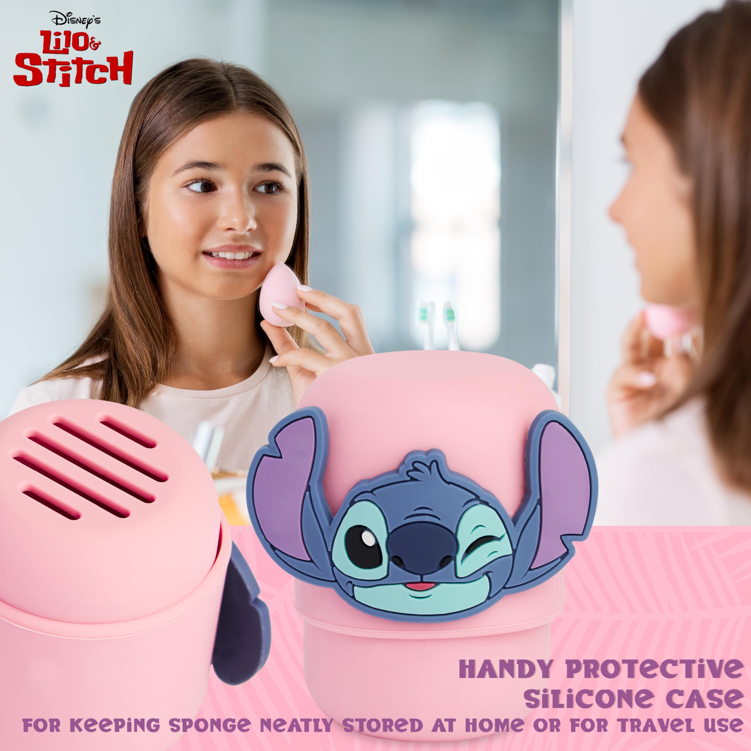 Zestaw akcesoriów do urody Disney Stitch z gąbką do makijażu, wielokrotnego użytku podkładkami do demakijażu i szczotką do włosów do podróży - prezenty Stitch
