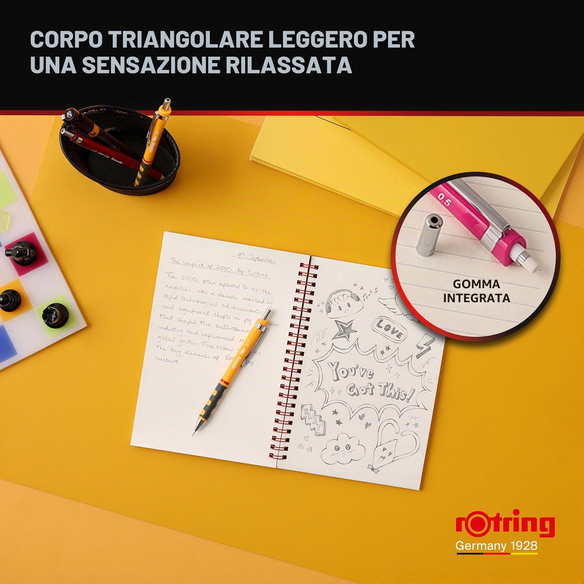 rOtring Tikky Matita meccanica | 0,7 mm HB | Fusto calendula (arancia) | Leggera con impugnatura in gomma | 12 pezzi