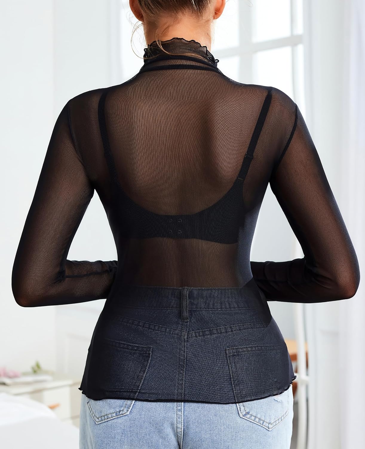 Women Mesh Tops Sheer Long Sleeve Mock Neck See Through Sexy T-Shirt - Image 5