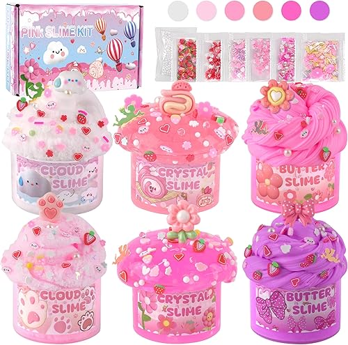 Paquete de 6 slimes, slime rosa para niños, kit de limo de nube para niñas de 8 a 12 años, juguetes para niñas y niños, para niños, juego de slime