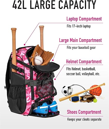 Miniatura 10 de Mochila grande de béisbol para adultos y jóvenes, bolsa de bate de sóftbol de 42L con casco ajustable desmontable con bolsillo de malla, ajuste de