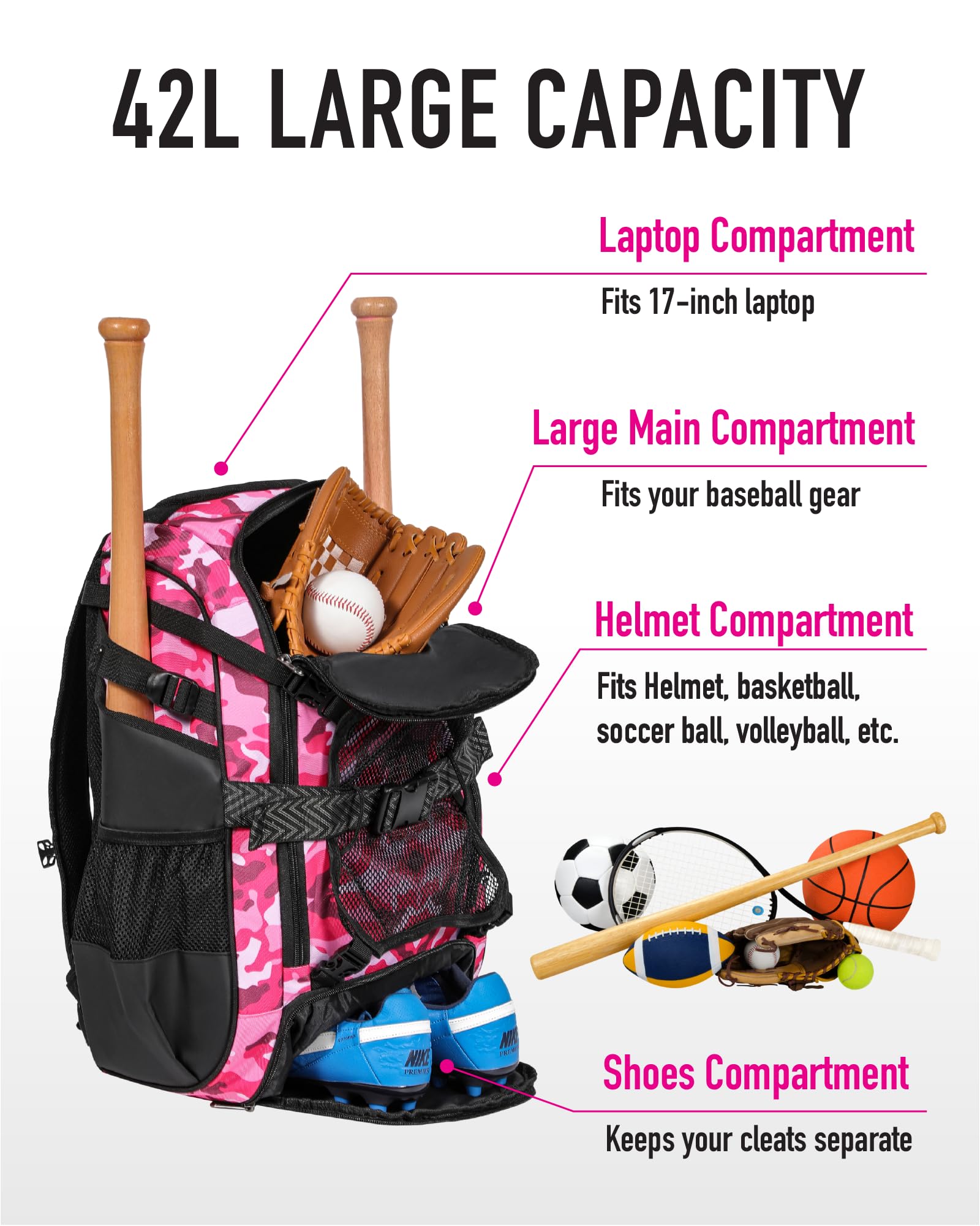 BAGNN Sac de baseball pour adultes et jeunes, grande capacité avec compartiment à chaussures et crochet de clôture pour batte de T-ball et équipement