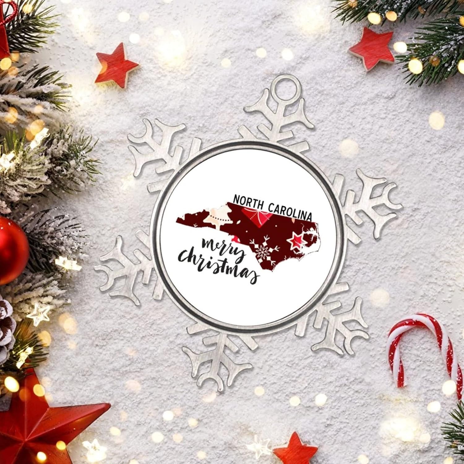 Snowflake Ornaments North Carolina Home State Personalized Christmas Ornaments 2022 Merry Christmas Christmas Tree Ornaments Metal Souvenir Xmas Tree Hang Pendant Exchange Long Distance Gift 3 Inch