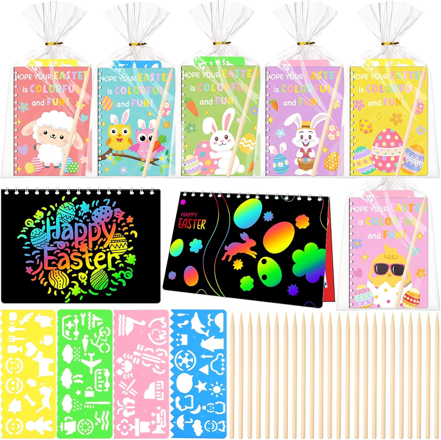 Motipuns 24 Sets Easter Classroom Gifts for Students Kids Bulk, Easter Scratch Notebook Party Favor, Goodie Bag Basket Stuffer, School Class DIY Craft with Stencils, Pens, Teacher Prize Supply