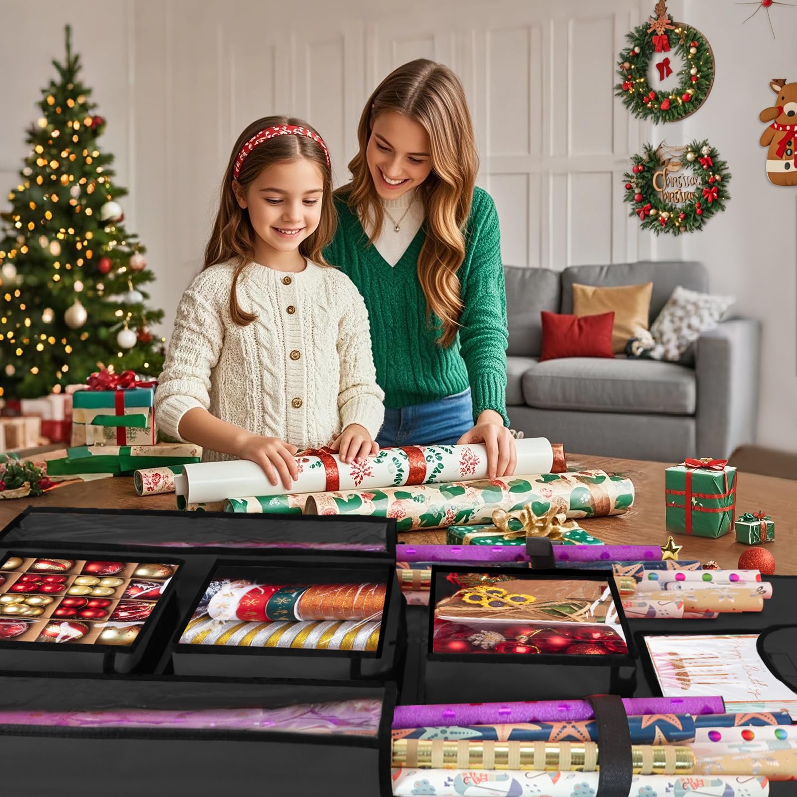 Geschenkpapier-Aufbewahrung, zum Aufhängen, 120 x 60 cm (extra groß), schwarz, doppelseitig, Weihnachtsverpackungsbehälter, Oxford Langer Bastelrollen-Organizer, Geschenkpapierhalter für schlafzimmer