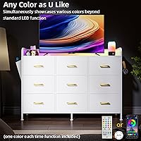 Vista 45 de Cómoda para dormitorio, soporte de TV con tomas de corriente y luz LED, cómoda de 6 cajones con bolsillos laterales y ganchos, cómoda ancha