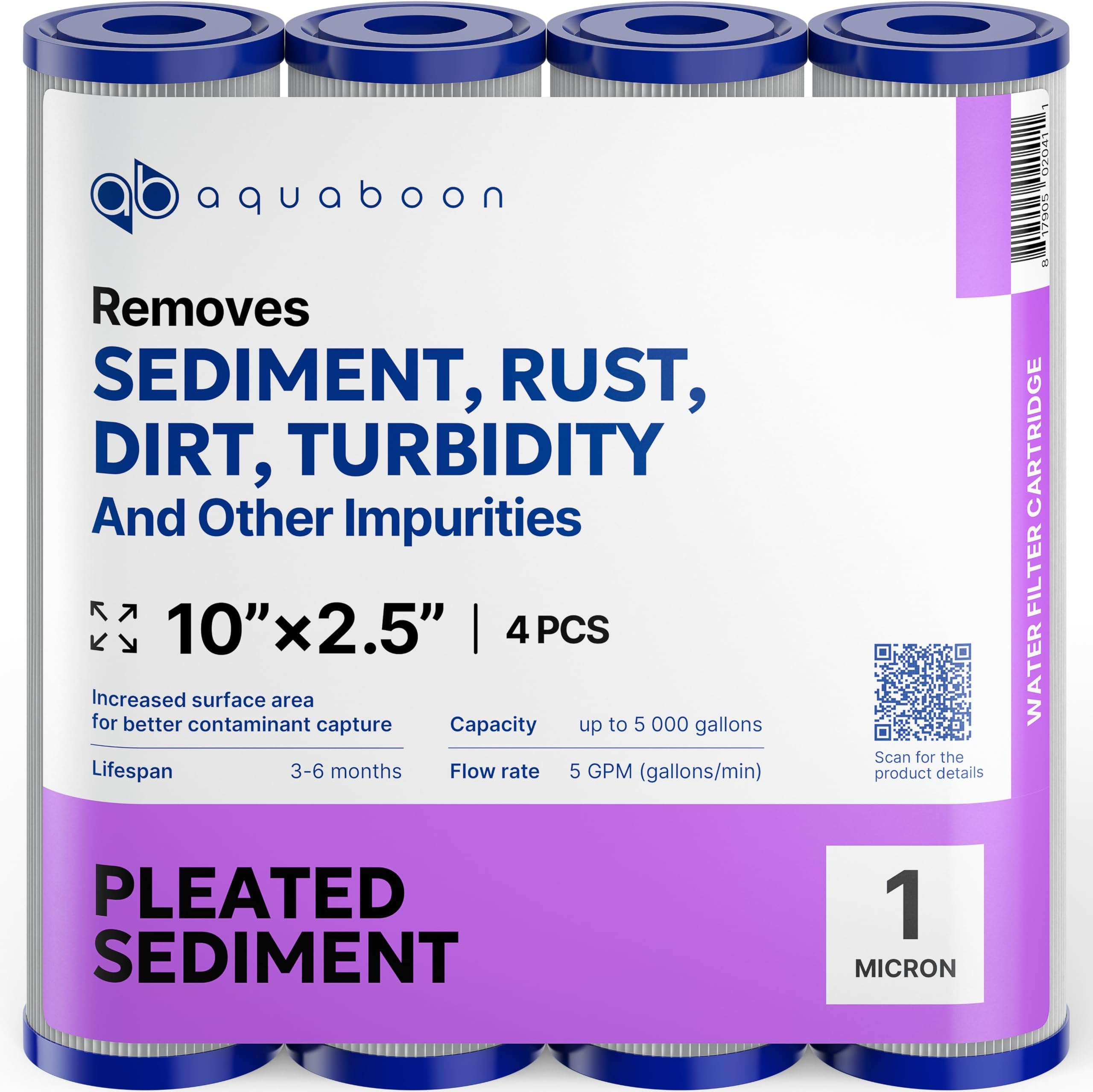 Aquaboon 1 Micron Pleated Water Filter 10 x 2.5 - Whole House Sediment Filter Replacement Cartridge Compatible with WFPFC3002, WHKF-WHPL, 4-Pack