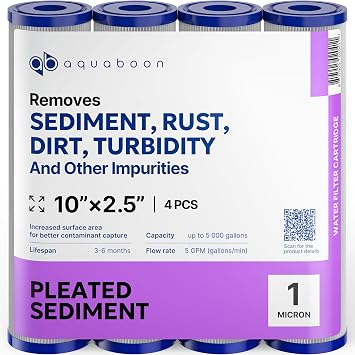 Aquaboon 1 Micron Pleated Water Filter 10 x 2.5 - Whole House Sediment Filter Replacement Cartridge Compatible with WFPFC3002, WHKF-WHPL, 4-Pack