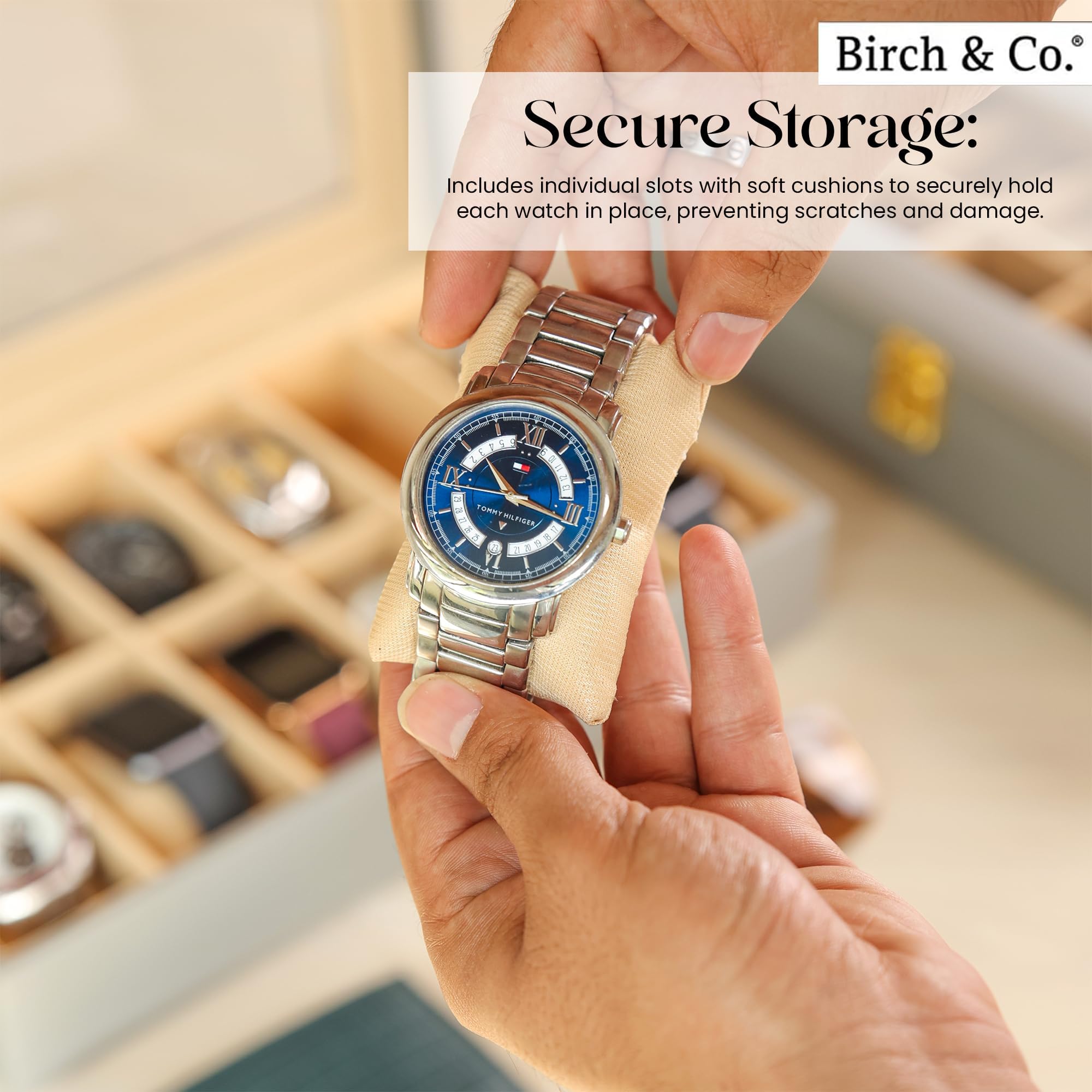 Birch & Co. Boîte de rangement pour montres – Présentoir à 12 emplacements avec couvercle en verre, cuir synthétique, intérieur en velours doux – Rangement élégant pour montres hommes et femmes