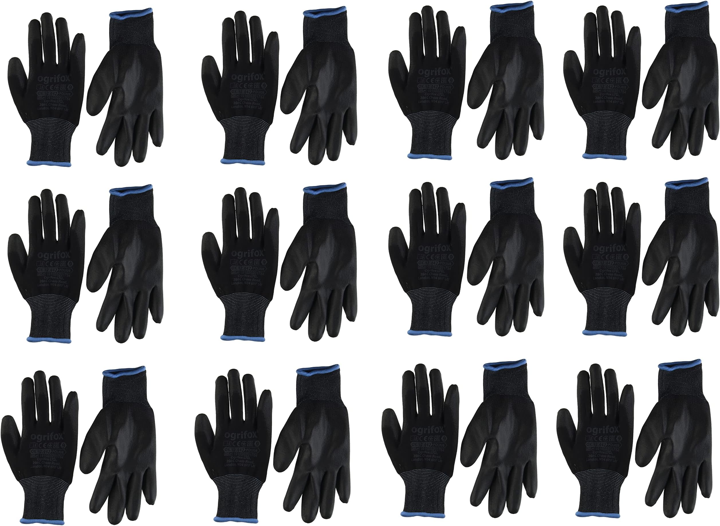 Ogrifox 12.24 PAIRS BLACK NYLON PU COVERED WORK GLOVES FOR GARDENING WORKSite & Mechanics by AJS workwear LTD.