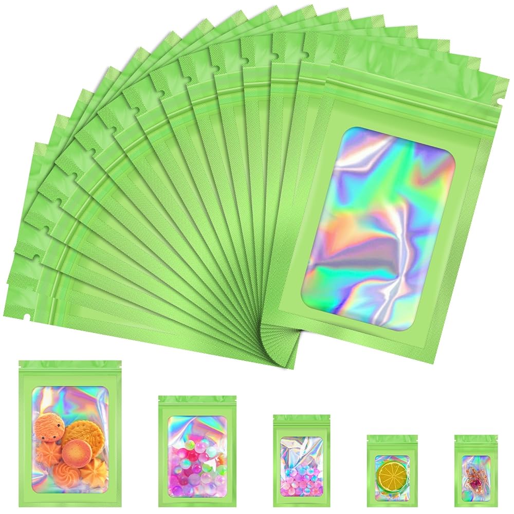 JETMORE 100 Pcs Mylar Bags, Smell Proof Bags Foil Pouch, Holographic Resealable Bags for Small Business, Candy Sample Jewelry Bag Sealable Packaging for Party Favor Food Storage (2.8x3.9in-Green)
